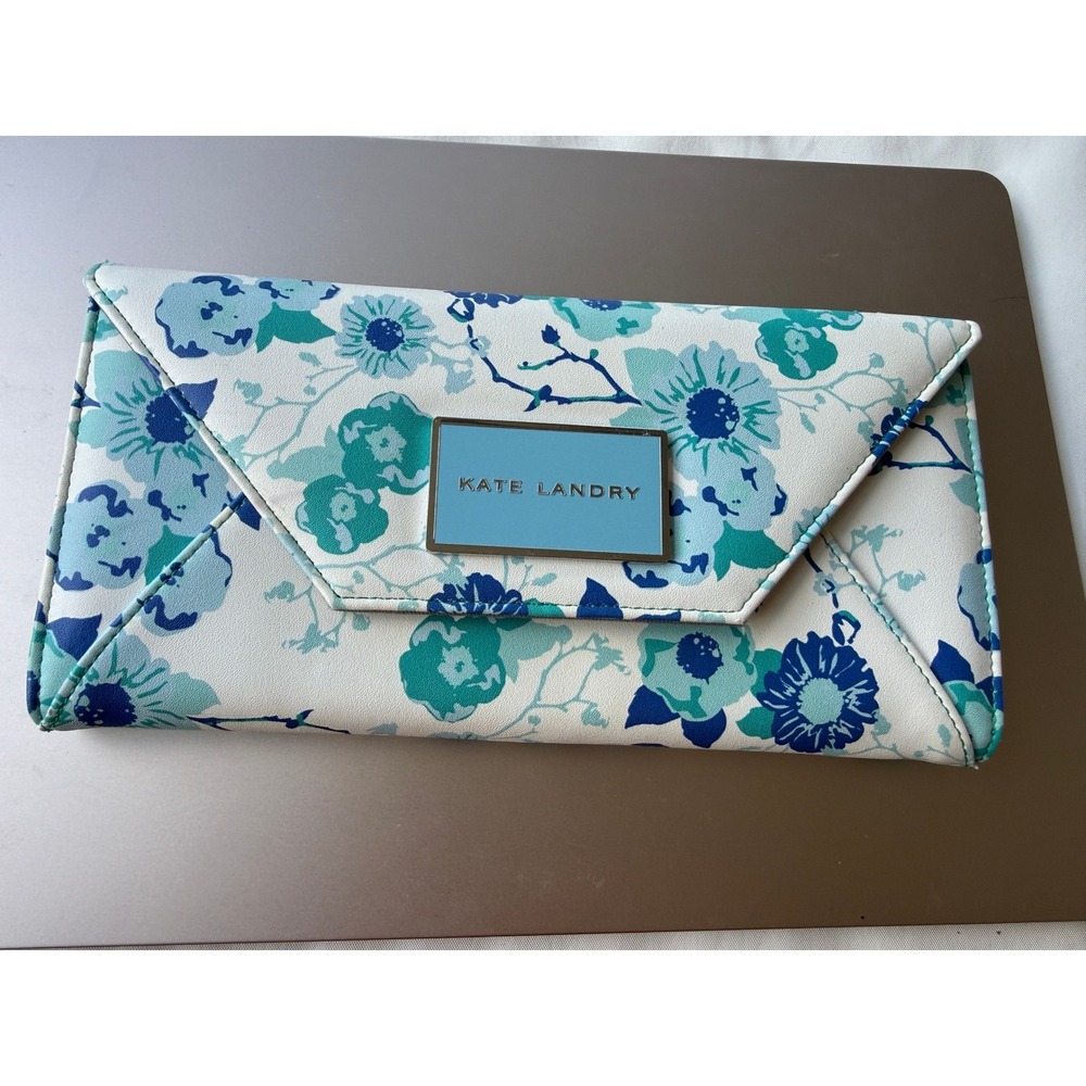 Kate‎ Landry Blue Teal Floral Envelope Clutch Wallet Snap Closure ID Window